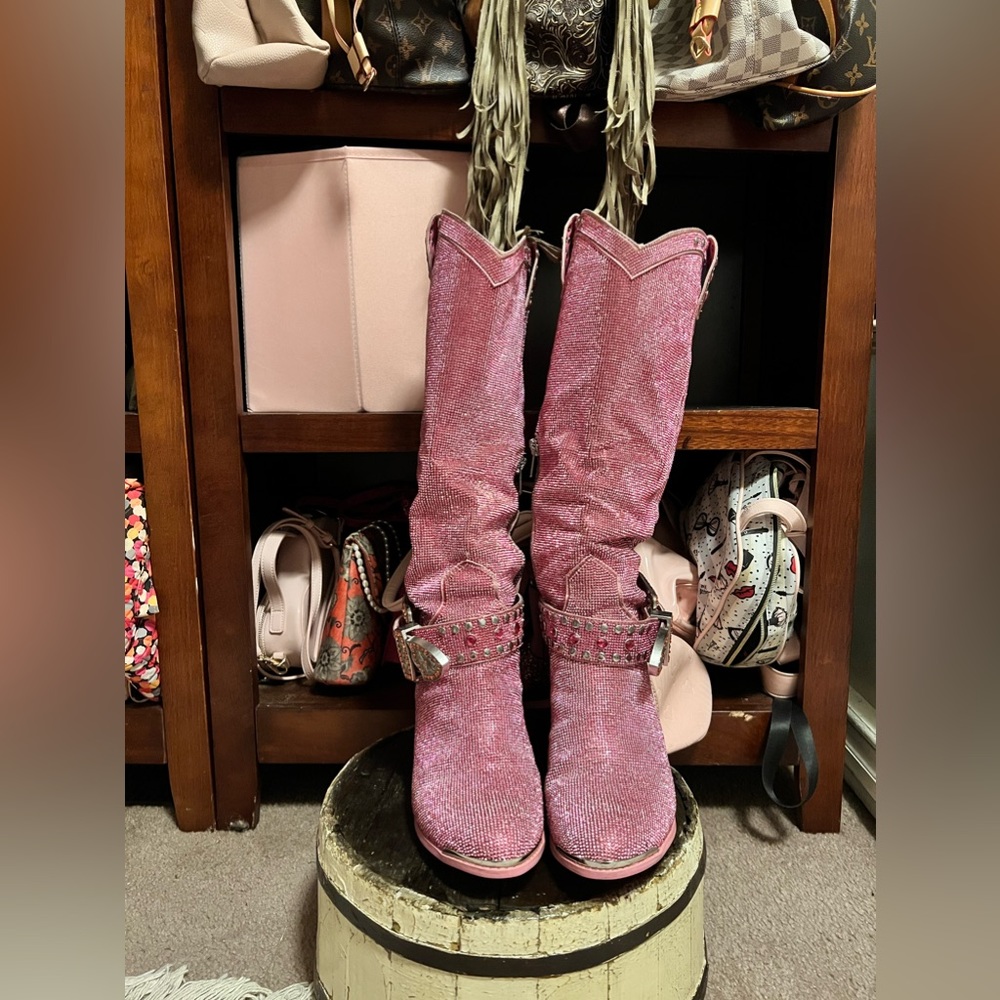 Dolls Kill Sugar Thrillz Sheriff Shine Knee High Cowboy Boots Pink - Picture 7 of 8